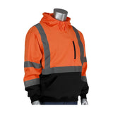 A mannequin showcases the PIP Hooded Pullover Sweatshirt w/Black Bottom 323-1350B by Protective Industrial Products, featuring high-visibility orange and black coloring with reflective gray stripes and tape. This hoodie includes a hood, a central zippered pocket, and adheres to ANSI Class 3 standards.