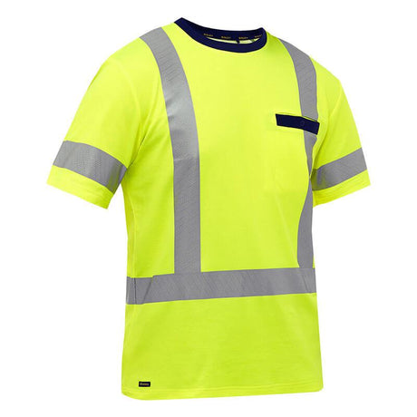 Introducing the PIP Bisley ANSI Type R Class 3 Short Sleeve T-Shirt 313M1118H by Protective Industrial Products, a bright yellow safety shirt that ensures maximum visibility with its reflective gray stripes strategically placed on the front and sleeves. It also features a convenient pocket outlined in black on the left chest.