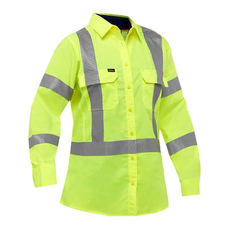 The PIP Bisley Women's Long Sleeve Work Shirt w/X-Airflow 313W6490X by Protective Industrial Products (PIP) is a vibrant yellow, high-visibility work shirt. It is equipped with reflective silver tape on the front, back, and sleeves for enhanced safety. This stylish and practical shirt also features a button-down front and two chest pockets with flaps.