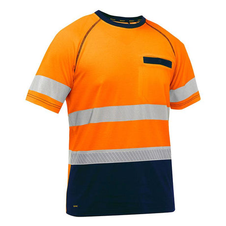 The PIP Bisley Short Sleeve T-Shirt w/Navy Bottom 312M1118T by Protective Industrial Products (PIP) is an orange high-visibility shirt featuring reflective silver stripes across the chest and midsection. Crafted from performance wicking fabric for enhanced comfort, it includes a navy blue collar, bottom section, and a small pocket on the left chest. This shirt is an ideal choice for ANSI Type R Class 2 hi-visibility apparel.