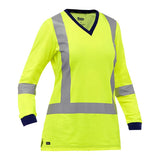 The PIP Bisley X-Back Women's Long Sleeve Shirt 313W6118X by Protective Industrial Products is a high-visibility yellow safety shirt that complies with ANSI Type R Class 3 standards. It includes reflective silver stripes on the chest, arms, and waist, along with a black V-neck collar and cuffs to enhance visibility and safety.