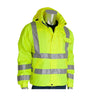 The PIP VizPLUS Waterproof Breathable Jacket 353-2000, from Protective Industrial Products, is showcased in a vibrant yellow color with reflective silver stripes. It includes a hood, zipper, and multiple pockets. Displayed on a featureless mannequin, it highlights the jacket's practicality and style as essential safety gear.