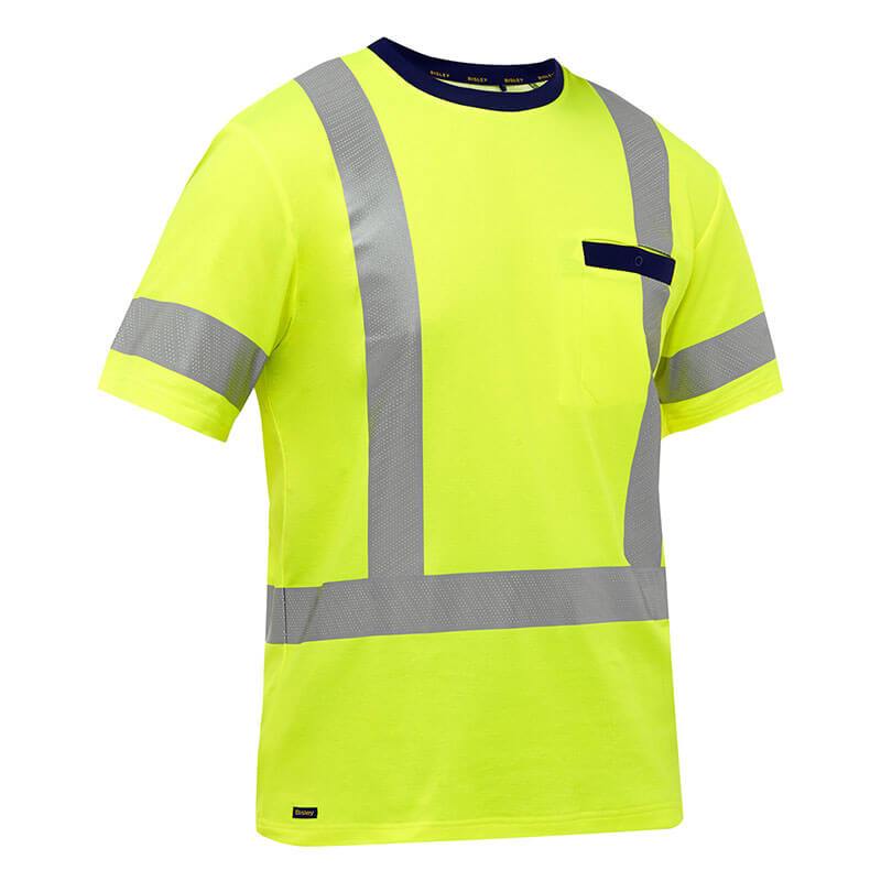 The PIP Bisley X-Back Short Sleeve Shirt 313M1118X by Protective Industrial Products is a fluorescent yellow safety shirt designed with gray reflective stripes over the shoulders, chest, and waist. Made from performance wicking fabric, it offers a UPF 50+ rating and includes a small chest pocket on the left side. This ANSI Type R Class 3 design improves visibility for construction or outdoor work settings.