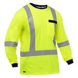 The PIP Bisley X-Back Long Sleeve Shirt 313M6118X by Protective Industrial Products is a bright yellow, ANSI Type R Class 3 certified safety shirt. It includes reflective gray stripes across the chest and arms, features a small pocket on the left side, and boasts dark blue accents on the cuffs and collar. Additionally, it's treated with antimicrobial properties for extra protection.