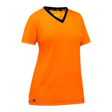 The PIP Bisley Non-ANSI Women's Short Sleeve T-Shirt (310W1118) by Protective Industrial Products showcases a stylish orange V-neck design with dark trim around the neck, combining both style and practicality. Treated with an antimicrobial finish, it guarantees freshness and comfort all day long.