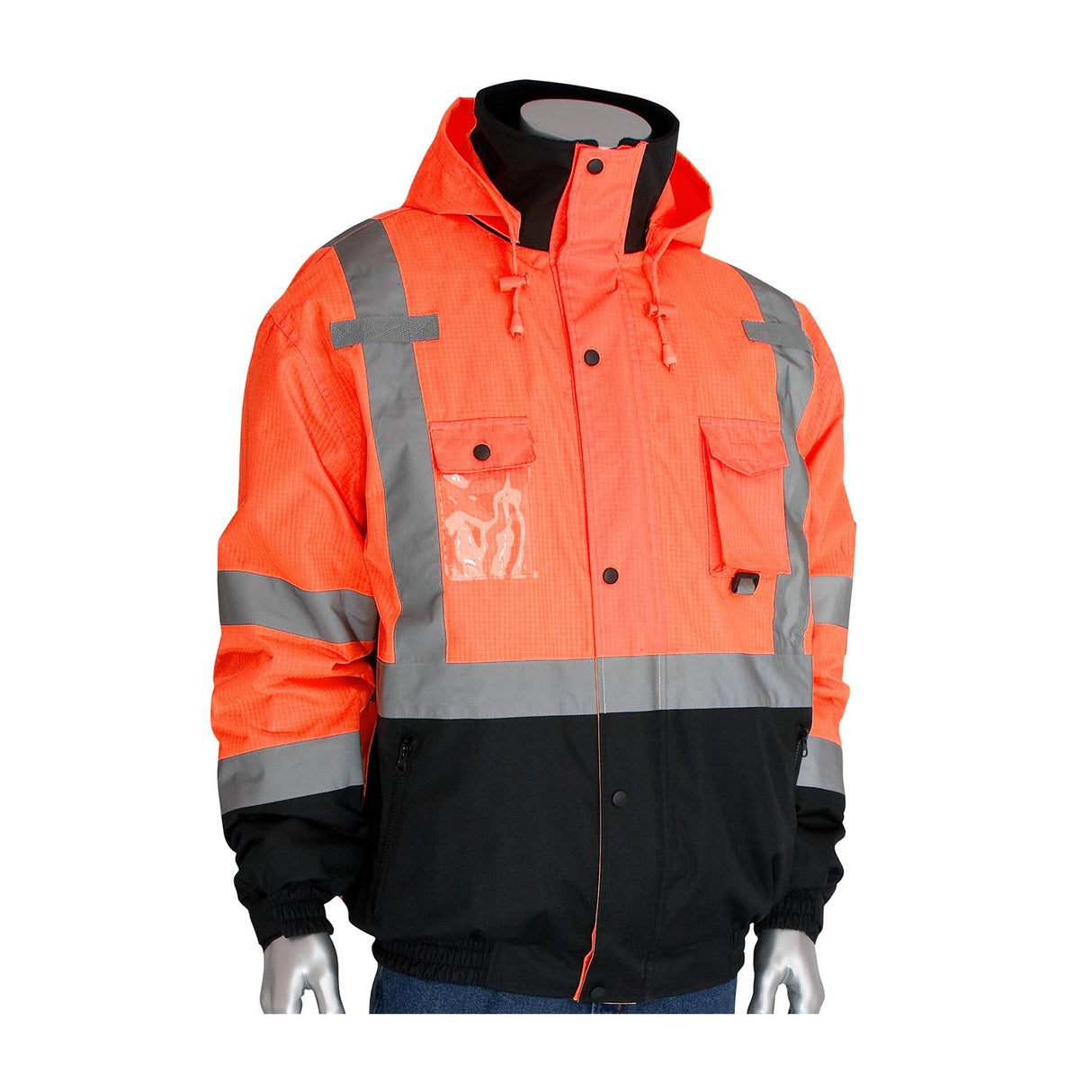 The PIP Rip Stop Premium Plus Bomber Jacket, Fleece Liner, D-Ring 333-1770 by Protective Industrial Products is displayed on a mannequin. Featuring an ANSI Type R Class 3 design for maximum safety, this orange and black high-visibility jacket includes reflective gray stripes, a front pocket, and an adjustable hood. Its waterproof outer shell guarantees durability in harsh conditions.