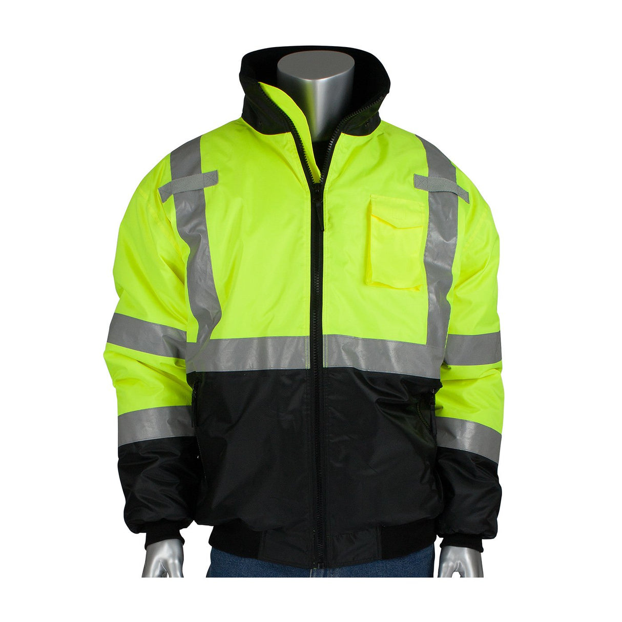 Introducing the PIP Value Black Bottom Bomber Jacket 333-1740 by Protective Industrial Products. This high-visibility waterproof jacket boasts bright yellow and black sections with reflective tape strategically placed on the chest, sleeves, and waist. It features a stand-up collar and a convenient pocket on the left chest.