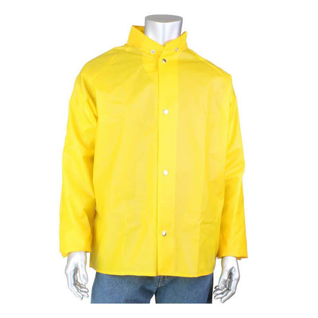 A mannequin displays the PIP Boss TPU/Nylon Rain Jacket 201-500 in a vibrant yellow designed for industrial use, complemented by blue jeans.