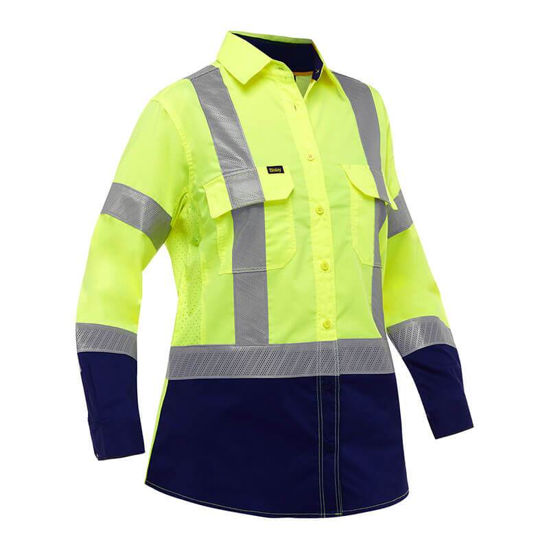 The PIP Bisley Women's Long Sleeve Work Shirt w/X-Airflow 313W6491H by Protective Industrial Products provides high-visibility with its bright yellow fabric and reflective silver stripes. Its deep blue sections on the lower sleeves and body add a stylish touch, while the X-Airflow Ventilation enhances comfort. This shirt also features button closures and front pockets for added practicality.