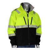 A mannequin exhibits the PIP Ripstop Softshell Black Bottom Jacket 333-1550, a high visibility garment in neon yellow and black. This waterproof jacket from PIP - Protective Industrial Products includes reflective tape on the sleeves, chest, and back. It is designed for practicality with a front zipper and side pockets.