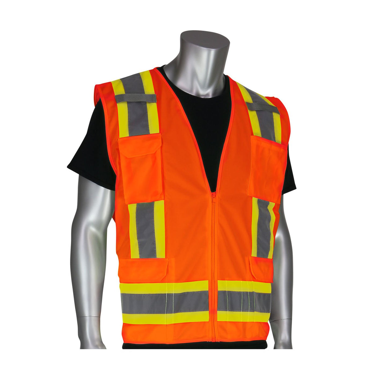 A silver mannequin displays the PIP ANSI Class 2 Two-Tone Six-Pocket Surveyor's Vest from Protective Industrial Products, an orange piece of hi-visibility apparel with yellow and gray reflective stripes. This vest is worn over a black T-shirt and provides practicality and safety with its multiple pockets.