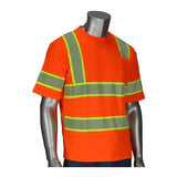 A silver mannequin showcases the PIP ANSI Type R Class 3 Two-Tone Short Sleeve T-Shirt by Protective Industrial Products. This vibrant orange hi-vis safety shirt features reflective tape and yellow stripes, with a convenient pocket on the left side, all set against a plain white background.