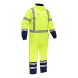 The PIP Bisley Extreme Cold Coverall with X-Back 344M6453X, by Protective Industrial Products, is a fluorescent yellow garment featuring reflective silver stripes alongside dark blue cuffs and pocket flaps. This coverall is crafted for high visibility and thermal protection, incorporating reflective strips on the arms, legs, and torso. Additionally, it includes a high collar for enhanced coverage in extreme cold conditions.