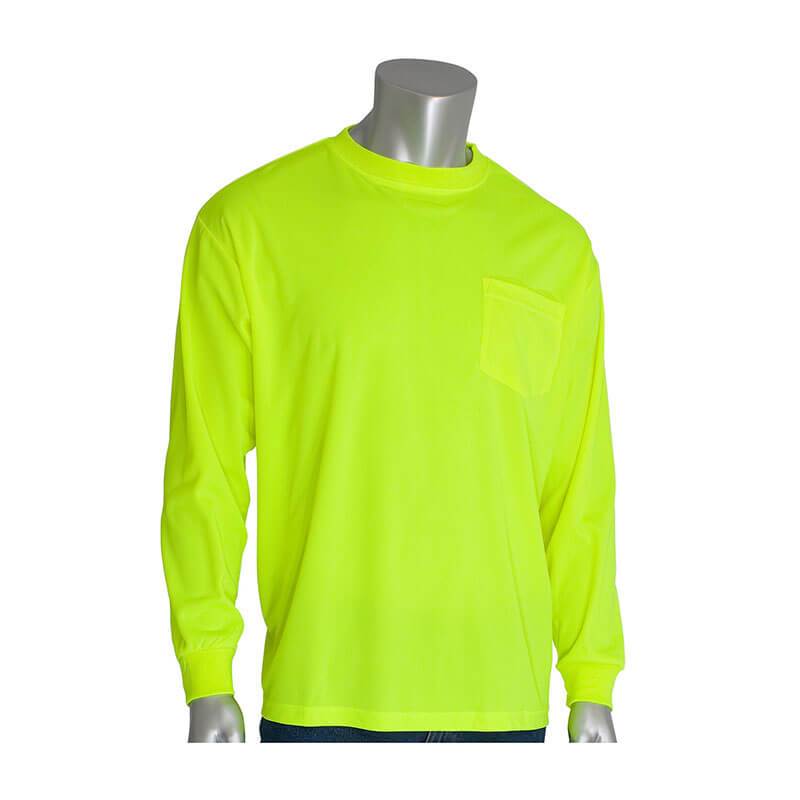 A mannequin displays the PIP Non-ANSI Long Sleeve T-Shirt 310-1100, a neon green shirt from Protective Industrial Products. It features a pocket on the left side and stands out vibrantly against a plain white background, making it ideal for Hi-Vis Apparel.