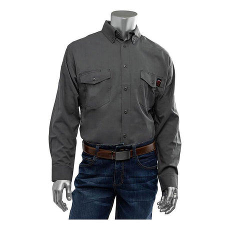 The mannequin showcases a PIP AR/FR Dual Certified Ripstop Long Sleeve Workshirt 385-FRRS in gray, made from a blend of Modacrylic, Cotton, and Aramid materials. This stylish workshirt from Protective Industrial Products features convenient front pockets and pairs perfectly with dark blue jeans and a brown belt for a casual yet polished look, ensuring both style and safety.