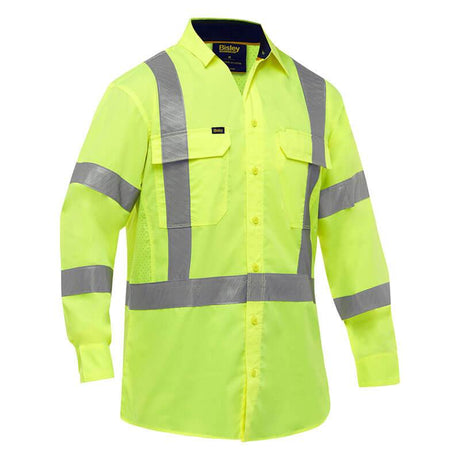 The PIP Bisley X-Back Long Sleeve Work Shirt w/X-Airflow 313M6490X, from Protective Industrial Products, is a vibrant yellow design featuring gray reflective tape on the sleeves, torso, and shoulders. It boasts a front button closure along with two chest pockets that have flap covers for enhanced safety and functionality.