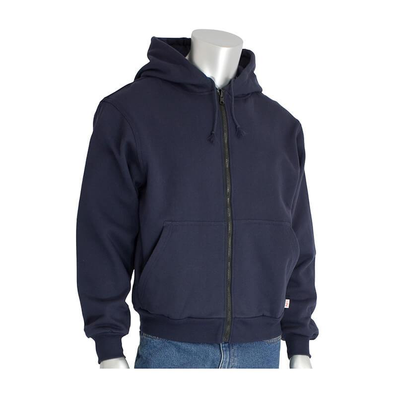 A headless mannequin dressed in a PIP - Protective Industrial Products FR/AR Fleece Zip Front Hoodie 385-FRZH in dark blue, alongside blue jeans, forms a casual yet protective ensemble against a plain white background.