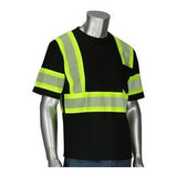 Mannequin wearing the PIP ANSI Type 0 Class 1 Short Sleeve T-Shirt 311-1655 by Protective Industrial Products, a black T-shirt featuring bright yellow and reflective gray safety stripes. This high visibility apparel is crafted for enhanced visibility with horizontal and vertical stripes across the chest and arms, complemented by moisture-wicking fabric.