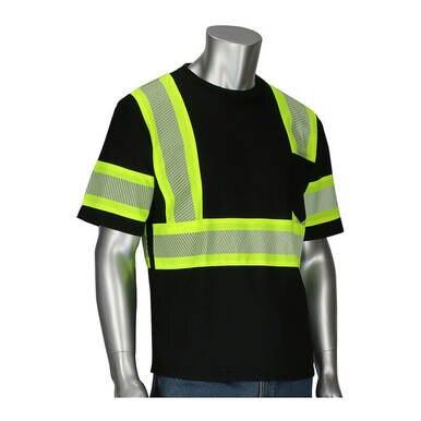 Mannequin wearing the PIP ANSI Type 0 Class 1 Short Sleeve T-Shirt 311-1655 by Protective Industrial Products, a black T-shirt featuring bright yellow and reflective gray safety stripes. This high visibility apparel is crafted for enhanced visibility with horizontal and vertical stripes across the chest and arms, complemented by moisture-wicking fabric.