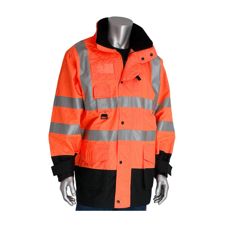 The PIP All Conditions Coat, Inner Jacket & Vest Combo 343-1756 by Protective Industrial Products is showcased on a mannequin. This high-visibility orange jacket, adorned with reflective silver stripes and made from waterproof polyester, is designed to meet ANSI Type R Class 3 standards and features multiple pockets along with black accents on the sleeves and hem.