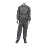 A mannequin displays the PIP AR/FR Dual Certified Economy Coverall 9100-2000E in gray, complete with long sleeves and a collar, highlighting its dual-certified protection. When paired with black work boots, this outfit is striking against the plain white background for its stylish design and impressive ARC rating.