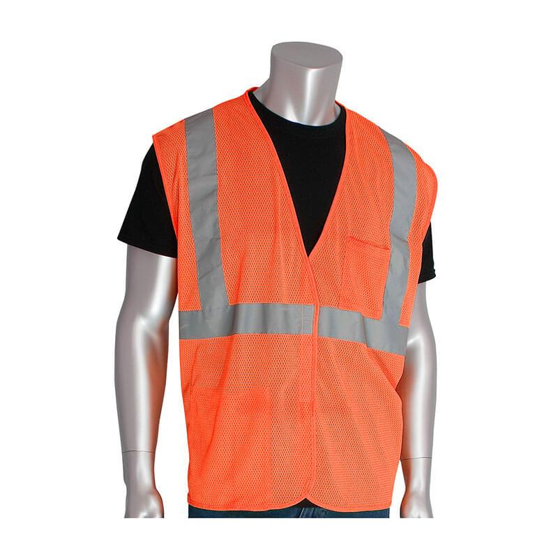 A mannequin features the PIP Type R Class 2 Value Mesh Vest 302-0702 from PIP - Protective Industrial Products, its vibrant orange color and reflective tape shining over a black T-shirt against a plain white background.