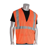 A mannequin features the PIP Type R Class 2 Value Mesh Vest 302-0702 from PIP - Protective Industrial Products, its vibrant orange color and reflective tape shining over a black T-shirt against a plain white background.