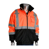 A mannequin displays the PIP Waterproof Reflective Value Bomber Jacket 333-1766 by Protective Industrial Products. This ANSI Class 3 jacket is a high-visibility design with orange and black sections, complete with reflective silver stripes. The waterproof bomber jacket features a zip-up front, black cuffs, and a stand-up collar.