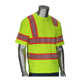 Displayed on a metallic-finished mannequin, the PIP ANSI Type R Class 3 Two-Tone Short Sleeve T-Shirt by Protective Industrial Products features bright yellow fabric with red reflective tape across the chest, back, and arms. The setup is completed with dark pants to highlight its ANSI Class 3 design for superior visibility.