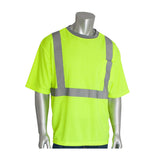 A mannequin is adorned in a PIP - Protective Industrial Products Class 2 Short Sleeve T-shirt: a bright yellow safety shirt featuring reflective grey strips across the chest and shoulders, complemented by a subtle chest pocket on the left side. Crafted from durable polyester mesh, this design ensures both visibility and breathability.