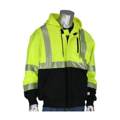 A mannequin showcases the PIP FR Zip Hooded Black Bottom Sweatshirt 385-1370FR-LY by Protective Industrial Products, featuring AR/FR protection in vibrant yellow and black. The garment's reflective silver stripes, zippered front, and front pockets are striking against a plain white background.