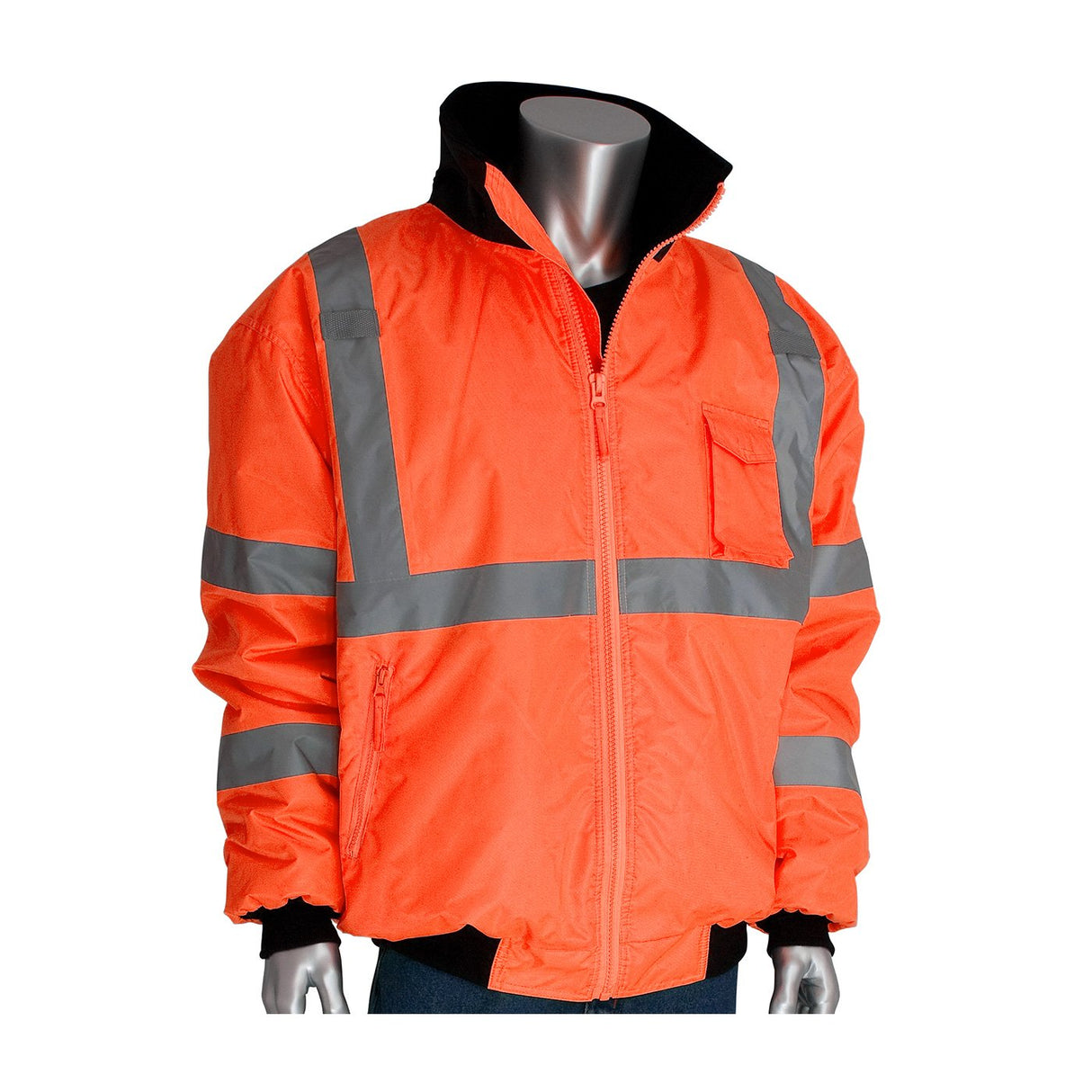 Displayed on a mannequin is the PIP Bomber Jacket with Zip-Out Fleece Liner 333-1762 from Protective Industrial Products, crafted from durable, waterproof material. This reflective orange safety jacket features silver horizontal and vertical stripes, complemented by a high collar and front zipper.