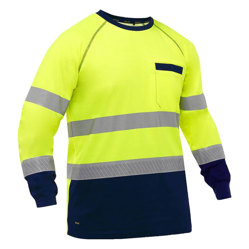 Introducing the PIP Bisley Long Sleeve Shirt w/Navy Bottom 313M6118T by Protective Industrial Products, featuring a bold yellow upper section and a navy blue lower section. The shirt is enhanced with reflective silver tape adorning the chest and sleeves. For added convenience, it includes a small pocket on the left chest.