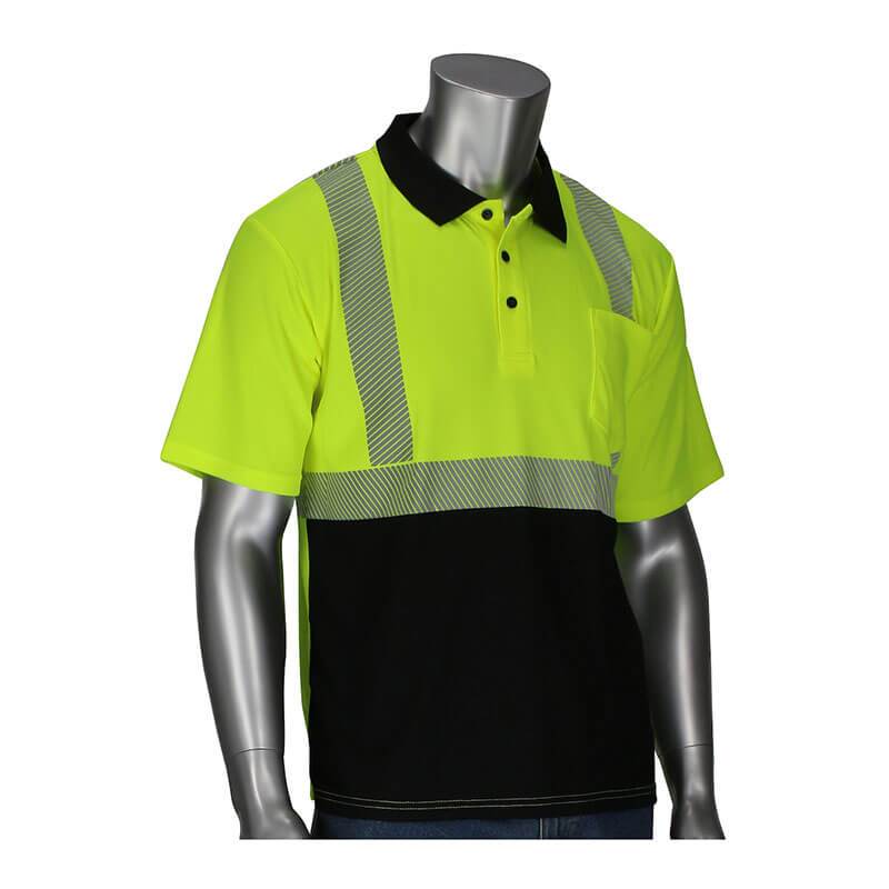 A mannequin showcases the PIP ANSI Type R Class 2 Hi-Vis Polo Sleeve Polo Shirt 312-1610B by PIP - Protective Industrial Products, featuring a vibrant bright yellow-green with a black bottom design. The polo includes breathable reflective tape and a black collar, making it perfect for safety as it stands out against the white background.