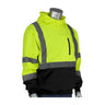 The PIP Hooded Pullover Sweatshirt w/Black Bottom 323-1350B by Protective Industrial Products features a neon yellow top and black bottom, along with gray reflective tape on the arms, chest, and back. Displayed on a mannequin wearing the hood up, it showcases its practical design for safety and ANSI Class 3 compliance.