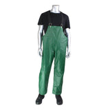 The silver mannequin showcases the PIP - Protective Industrial Products Boss TPU/Nylon Bib Overalls 201-510 in a vibrant green, complemented by a black shirt and shoes. With adjustable buckles on the straps, this outfit perfectly combines utility and style for industrial plant maintenance, standing effortlessly against a plain white backdrop.