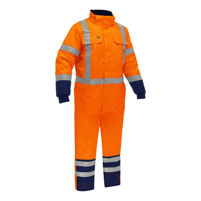 The PIP Bisley Extreme Cold Coverall with X-Back 344M6453X by Protective Industrial Products features a bright orange design with reflective silver stripes across the chest, arms, and legs. It is enhanced with DuPont Sorona Aura for thermal protection and includes a high collar, multiple pockets, and navy blue cuffs to ensure high visibility and safety in extreme cold conditions.