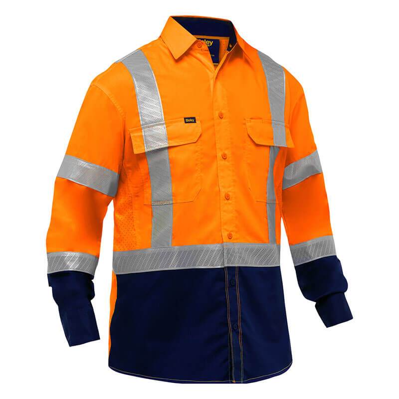 The PIP Bisley Long Sleeve Work Shirt w/X-Airflow 313M6491H by Protective Industrial Products provides outstanding visibility with its vibrant orange color and reflective silver strips across the shoulders and arms. It includes X-Airflow Ventilation, dark blue lower sleeves and body, two chest pockets, and meets ANSI Class 3 standards.