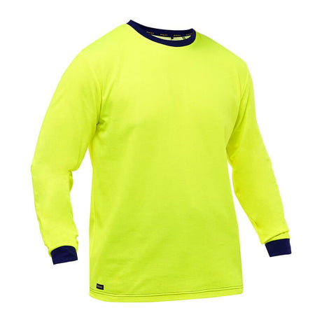 The PIP Bisley Non-ANSI Long Sleeve Shirt 310M6118 by PIP - Protective Industrial Products is a hi-vis yellow shirt with long sleeves, featuring black cuffs and a collar without any visible logos or graphics. Crafted from lightweight material, it is treated with Fresche antimicrobial technology to ensure added freshness.