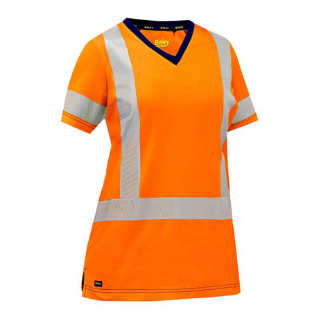 The PIP Bisley Women's Short Sleeve T-Shirt 313W1118H is a safety shirt designed with short sleeves in bright orange, featuring reflective silver stripes that meet ANSI Class 2 standards. It includes a V-neck with a black collar, and the PIP brand name is displayed on both the collar and hem tag, making it perfect for women's safety apparel.