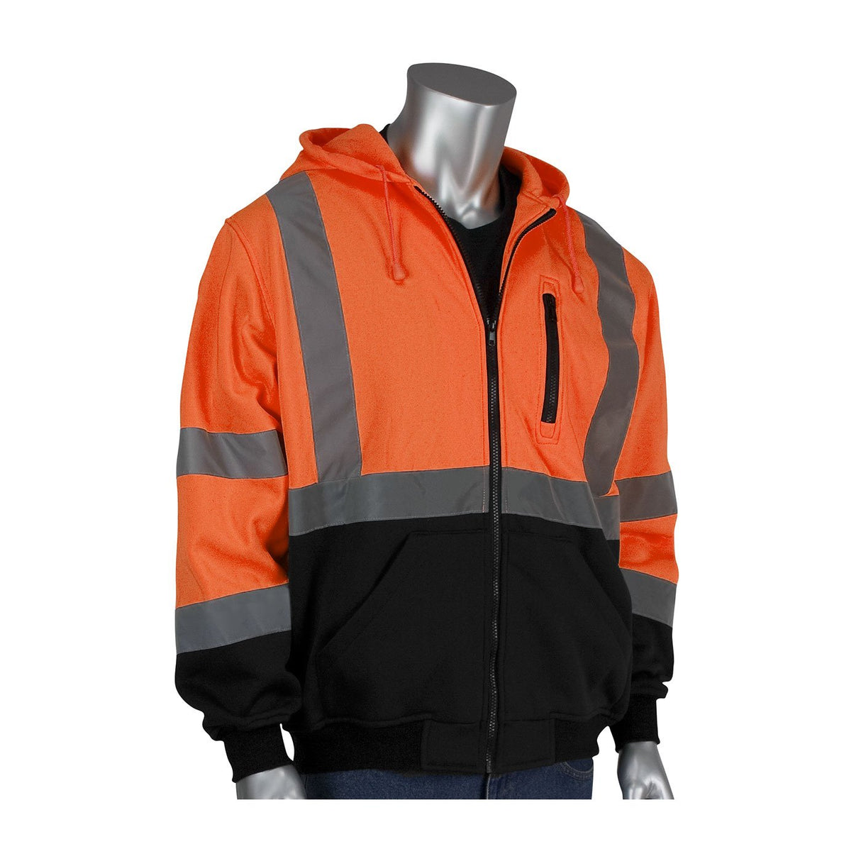 The mannequin is wearing the PIP Full Zip Hooded Sweatshirt w/Black Bottom 323-1370B from Protective Industrial Products, which is an ANSI Type R Class 3 high-visibility jacket in orange and black. It features gray reflective tape, a hood, zipper closure, and multiple pockets for practicality and safety compliance.