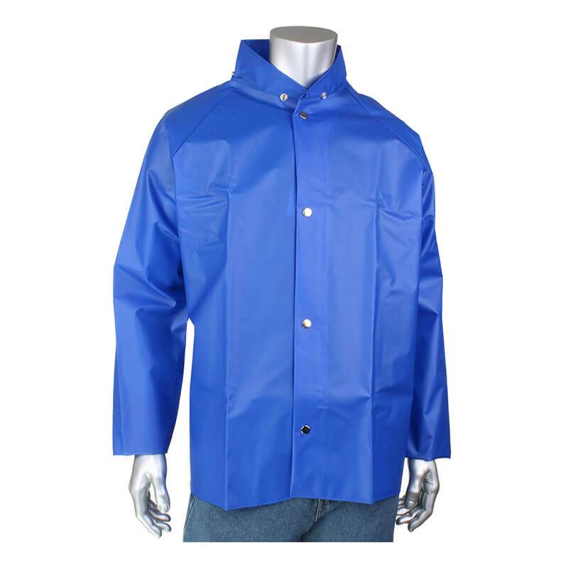 A mannequin showcases the PIP Boss TPU/Nylon Rain Jacket 201-500 in a vibrant blue color, featuring durable silver snap buttons and a high collar. Paired with blue jeans, this standout piece from PIP - Protective Industrial Products is set against a plain white background.