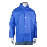 A mannequin showcases the PIP Boss TPU/Nylon Rain Jacket 201-500 in a vibrant blue color, featuring durable silver snap buttons and a high collar. Paired with blue jeans, this standout piece from PIP - Protective Industrial Products is set against a plain white background.