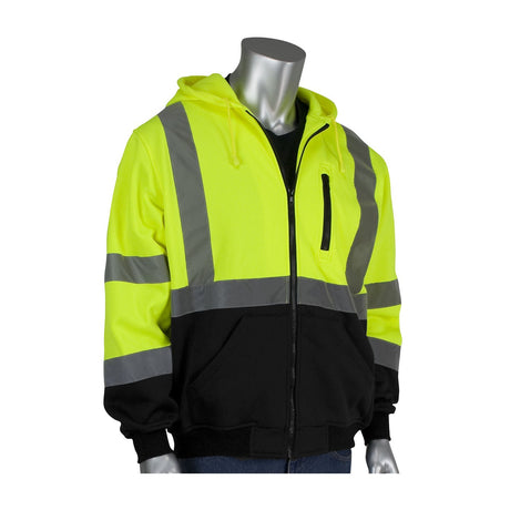 A mannequin displays the PIP Full Zip Hooded Sweatshirt w/Black Bottom 323-1370B by Protective Industrial Products, featuring ANSI Type R Class 3 certification. This vibrant Hi-Vis Yellow sweatshirt is highlighted by reflective gray tape and a black bottom section, and it includes a hood and front zipper for improved safety.