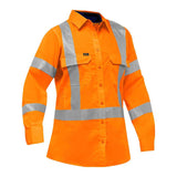 The PIP Bisley Women's Long Sleeve Work Shirt w/X-Airflow 313W6490X from Protective Industrial Products is an orange high-visibility safety shirt. It includes reflective tape across the chest, back, and arms, features button closure, and has two chest pockets for enhanced visibility and safety in work environments.