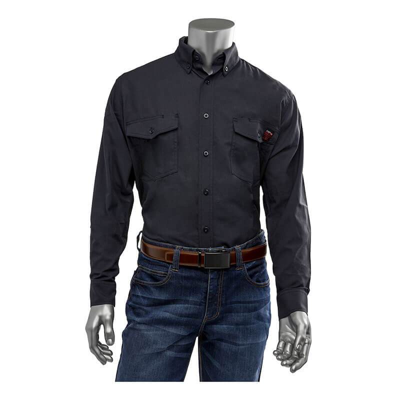 Displayed on a mannequin against a white backdrop is the PIP AR/FR Dual Certified Ripstop Long Sleeve Workshirt 385-FRRS by Protective Industrial Products. This dark shirt, featuring two chest pockets, is paired with jeans and complemented by a brown belt. Its Modacrylic/Cotton/Aramid blend ensures both durability and style.