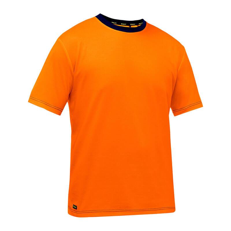 The PIP Bisley Non-ANSI Short Sleeve T-Shirt 310M1118 from Protective Industrial Products features a classic design with hi-vis orange tones, a black collar, and subtle black stitching accents. It includes a small logo tag at the bottom.