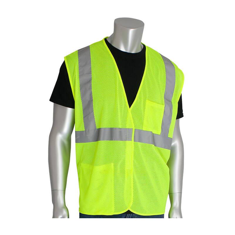 A mannequin displays the PIP Type R Class 2 Value Mesh Vest 302-0702 by Protective Industrial Products, featuring a vibrant yellow color with reflective gray stripes over a black shirt. This essential piece of construction apparel offers a mesh texture and includes a convenient front pocket, ensuring both visibility and practicality on the job site.