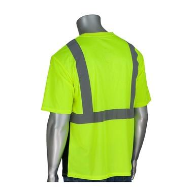 The mannequin features a PIP Class 2 UV Black Bottom Crew Neck T-Shirt 312-1250B-LY by Protective Industrial Products, made from moisture-wicking polyester. Its bright yellow color and reflective gray stripes meet ANSI Class 2 standards, offering safety and comfort against a pristine white backdrop.