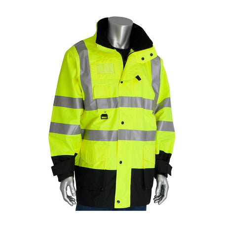 A mannequin models the PIP - Protective Industrial Products' All Conditions Coat, Inner Jacket & Vest Combo 343-1756. This ANSI Type R Class 3 high-visibility jacket is vividly yellow with reflective silver stripes across the chest, arms, and torso. It features multiple pockets and stylish black accents on the cuffs and bottom hem, all crafted from waterproof polyester for enhanced durability.